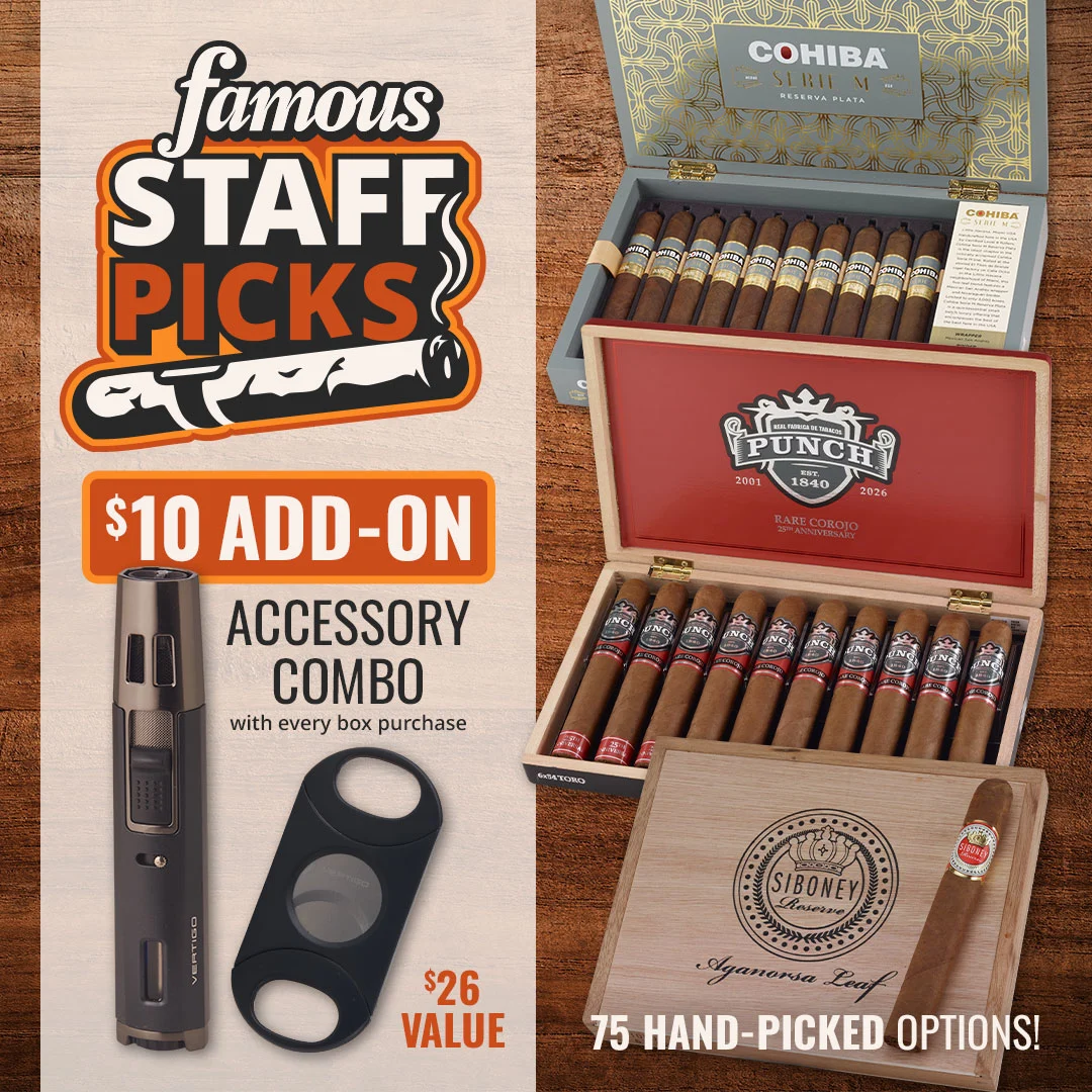 Famous Cigars Staff picks are backed by our Famous Freshness Guarantee; plus a $10 CUTTER-LIGHTER GIFT SET UPGRADE is available!