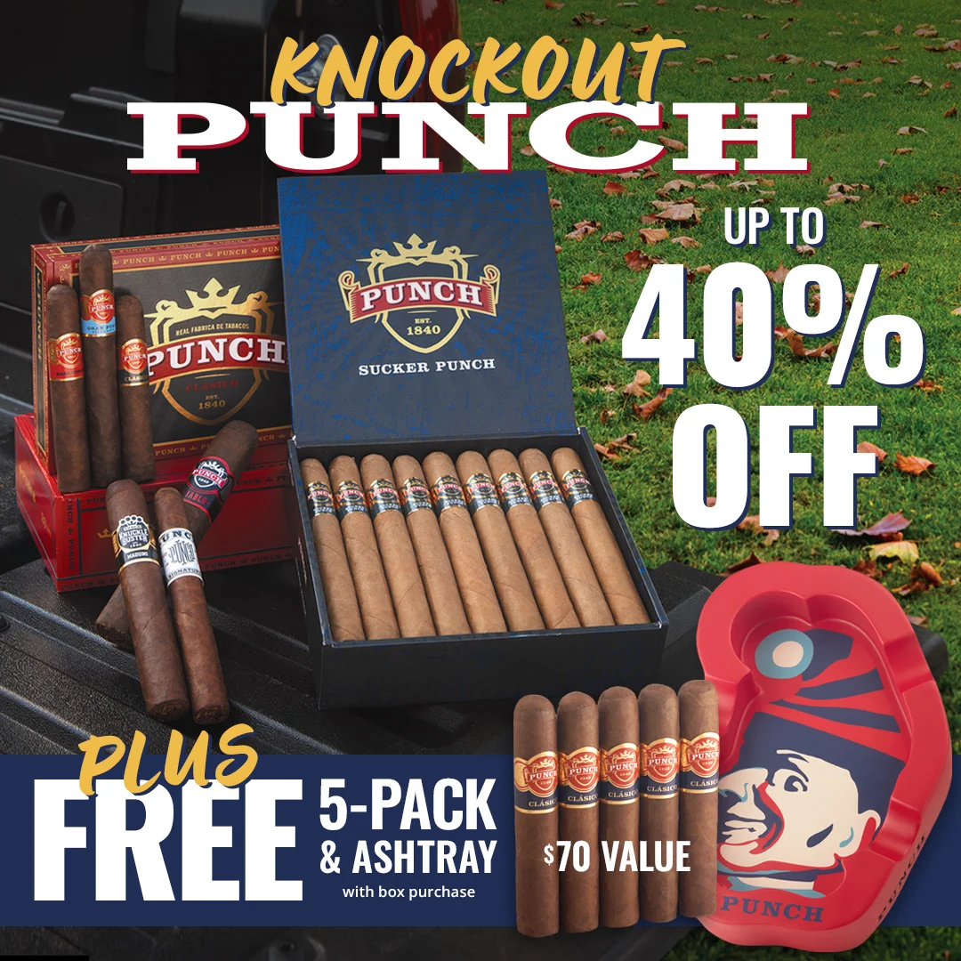 Punch Cigar Savings: Get up to 40% OFF + with select box buys get a FREE Punch Rothschild 5-Pack and Punch Resin Ashtray ($70 value)!