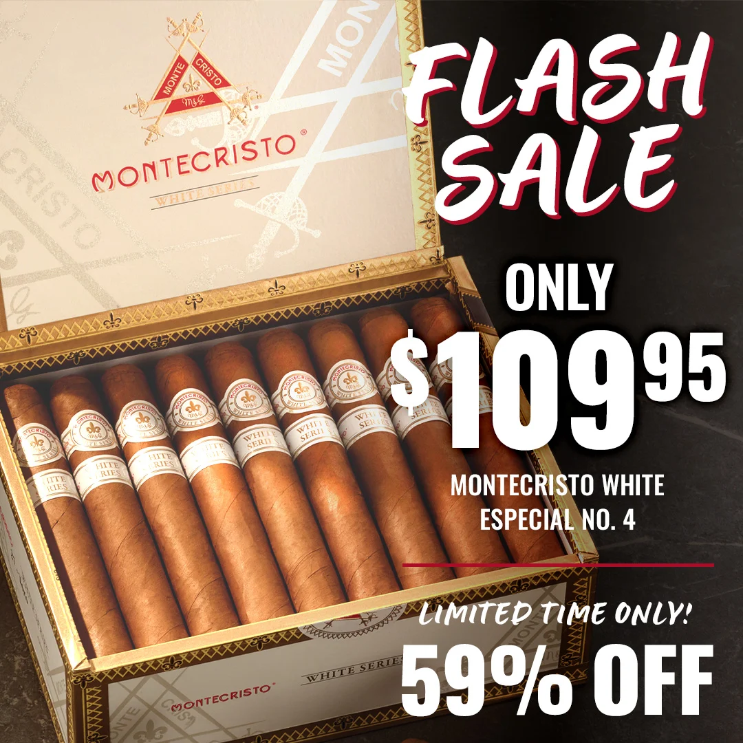 Montecristo White Flash Sale! Get a 20-cigar box for ONLY $109.95 that's 59% off! Shop Famous Cigars - while supplies last