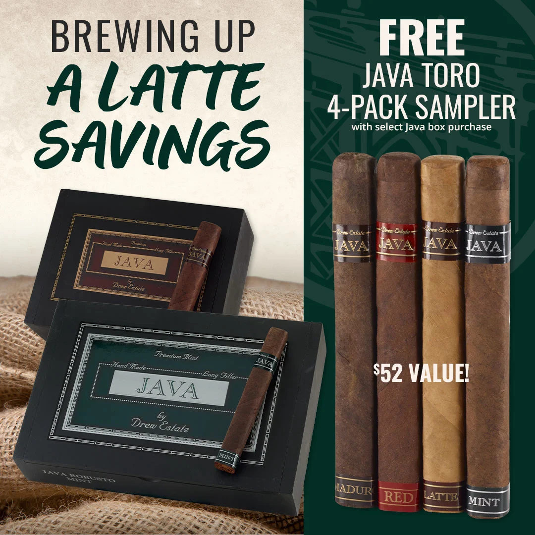 JAVA cigar savings incoming: with select coffee-infused JAVA cigars get a free 4-pack cigar sampler worth $52 - Shop now!