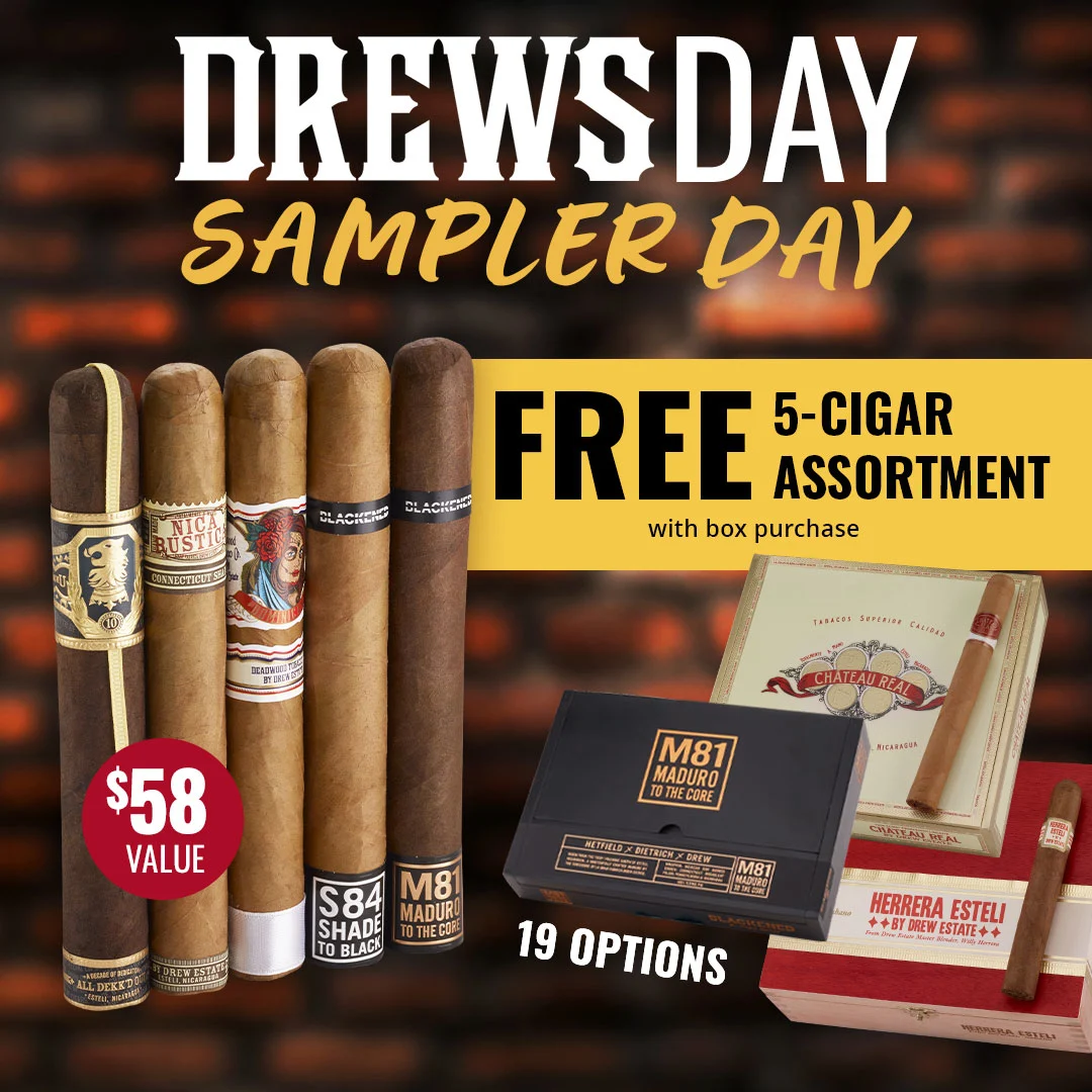 Famous Cigars Drew Estate special! Shop selected Drew Boxes and score a FREE Drew Estate Sampler worth $58 - Shop Now!